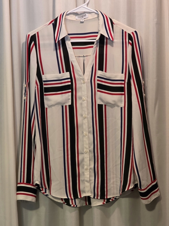 Express Tops - Express White Button-Down Shirt with Red, Navy & Black Stripes